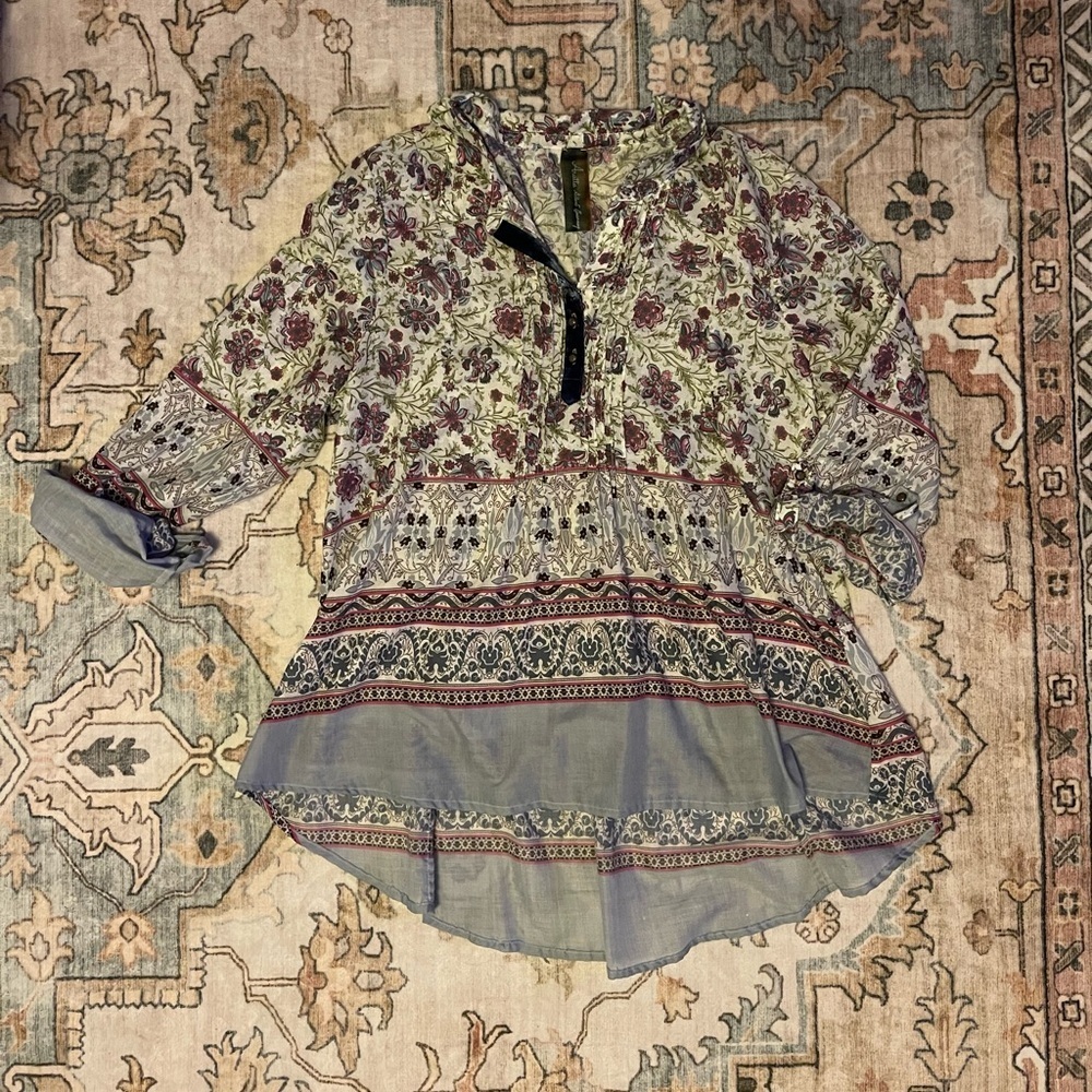 Floral Bohemian Blouse with Purple and Cream Accents